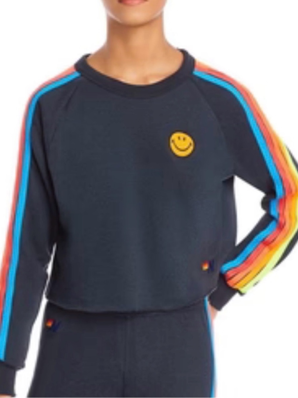 Womens’ Aviator Nation Smiley Crewneck Sweatshirt with Rainbow Stripes